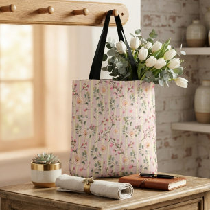 Zachte Roze Bloemstreep Patroon Tote Bag
