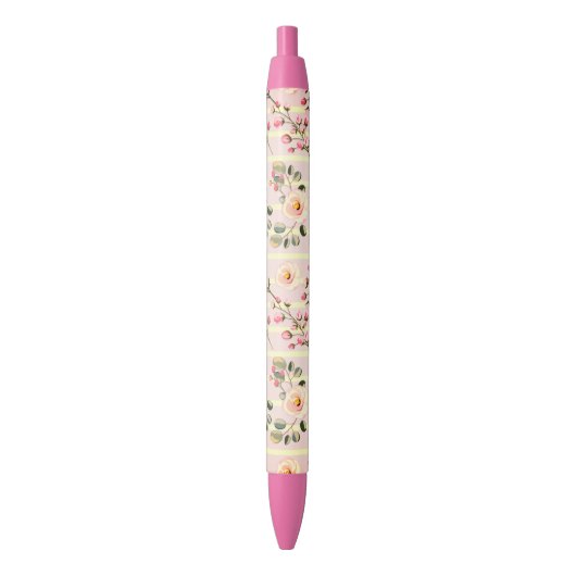 Zachte Roze Bloemstreep Patroon Zwarte Inkt Pen (Voorkant Verticaal)