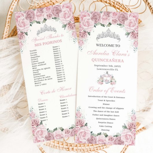 Zachte Roze Bloemstuk Koets Quinceañera Evenemente Programmakaart