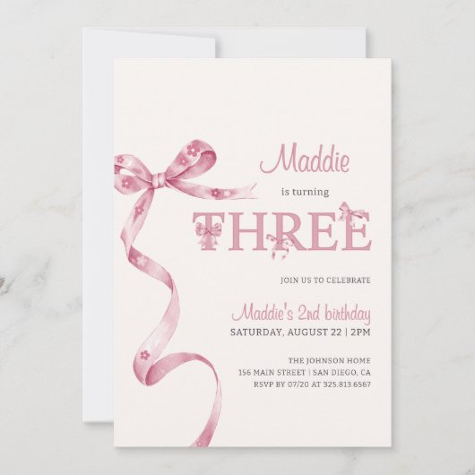 Zachte Roze Boog Derde Verjaardag Meisje Kaart (Voorkant)