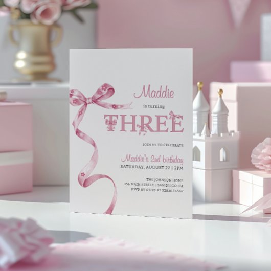 Zachte Roze Boog Derde Verjaardag Meisje Kaart