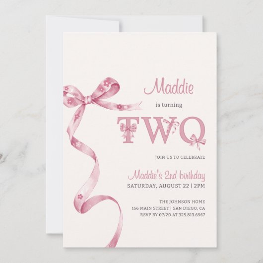 Zachte Roze Boog Tweede Verjaardag Meisje Kaart (Voorkant)