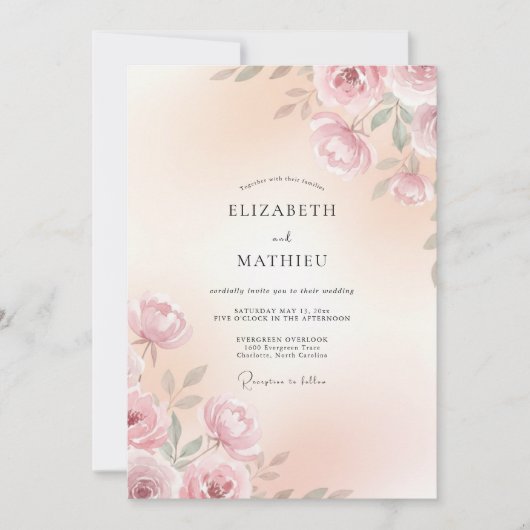 Zachte Roze Botanische Romantische Bruiloft Kaart (Voorkant)