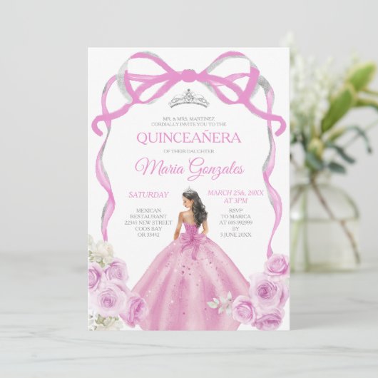 Zachte Roze Bow Prinses Zilveren Kroon Quinceañera Kaart (Staand voorkant)
