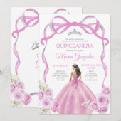 Zachte Roze Bow Prinses Zilveren Kroon Quinceañera Kaart (Voorkant / Achterkant)