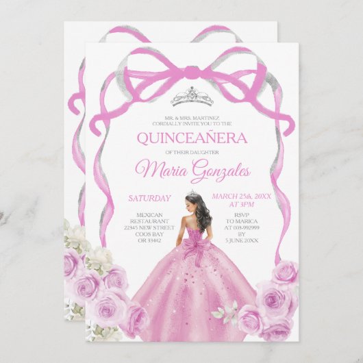 Zachte Roze Bow Prinses Zilveren Kroon Quinceañera Kaart (Voorkant / Achterkant)
