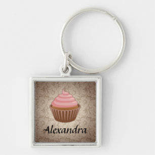 Zachte Roze en Bruine Cupcake, Gepersonaliseerde Sleutelhanger