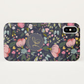 Zachte roze en grijze bloemenprint monogram naam Case-Mate iPhone case (Achterkant (horizontaal))