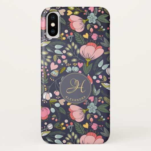 Zachte roze en grijze bloemenprint monogram naam Case-Mate iPhone case (Achterkant)