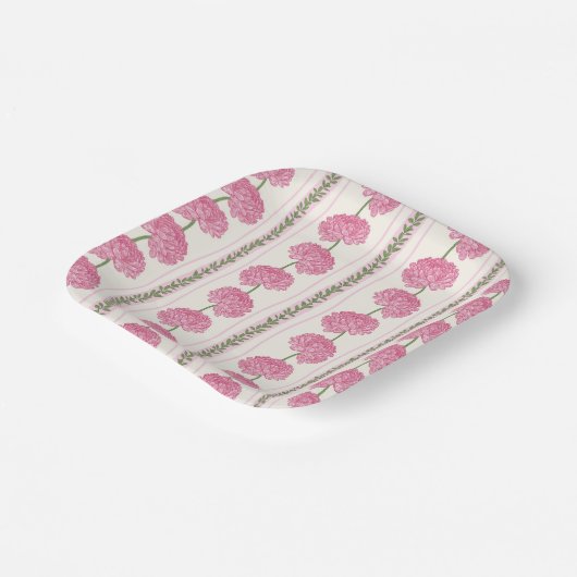 Zachte roze en groene chrysanthemum bloemstrepen papieren bordje (Gebogen)