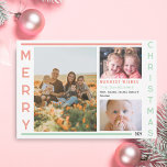 Zachte roze en groene minimalistische fotocollage feestdagenkaart<br><div class="desc">Zachte roze en groene kleuren accentueren deze minimale fotocollage met drie foto's. Vrolijk kerstfeest in pastelroze en groene verticale tekst lijsten de foto's in moderne minimalistische typografie. Een zeer eenvoudige maar elegante manier om uw Warmste Wensen te verzenden. Personaliseer met uw foto's, uw familienaam en individuele namen. De achterkant is...</div>