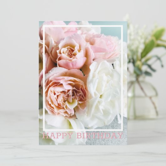 Zachte roze en witte rozen, verjaardagskaart bedankkaart (Staand voorkant)