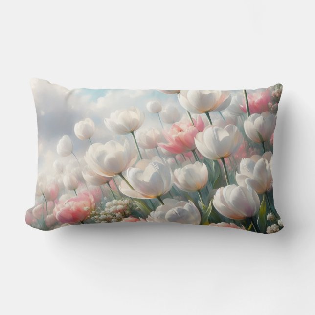 Zachte Roze en Witte Tulp Kussen voor Rugleuning (Voorkant)