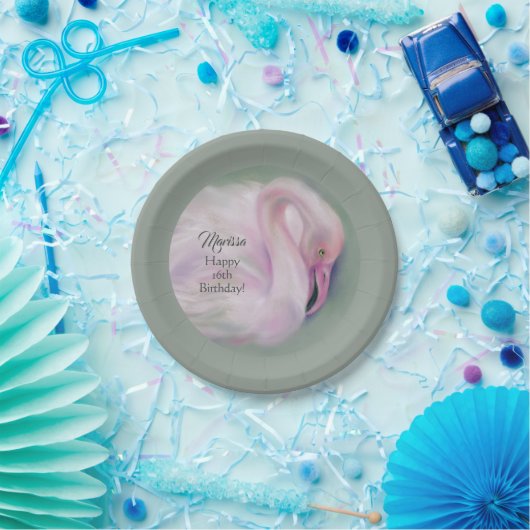 Zachte roze flamingo pasta gepersonaliseerd op zat papieren bordje (Feest)