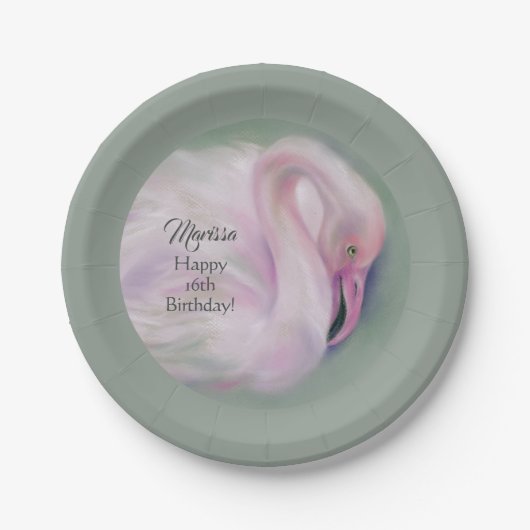 Zachte roze flamingo pasta gepersonaliseerd op zat papieren bordje (Voorkant)