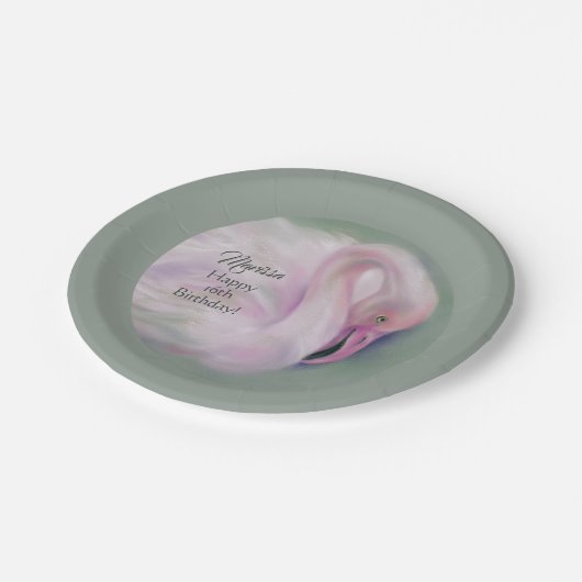 Zachte roze flamingo pasta gepersonaliseerd op zat papieren bordje (Gekanteld)
