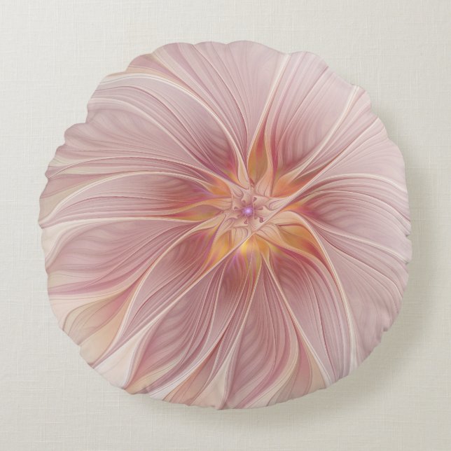 Zachte roze Floral Dream Abstracte fractale kunstb Rond Kussen (Voorkant)