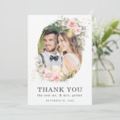 Zachte roze Floral Greenery Geometric Photo Weduws Bedankkaart (Staand voorkant)
