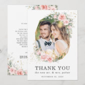 Zachte roze Floral Greenery Geometric Photo Weduws Bedankkaart (Voorkant / Achterkant)