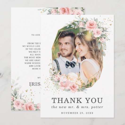 Zachte roze Floral Greenery Geometric Photo Weduws Bedankkaart (Voorkant / Achterkant)