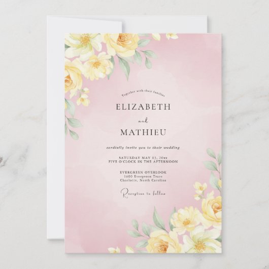Zachte Roze Gele Ranunculus Eucalyptus Bruiloft Kaart (Voorkant)