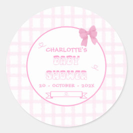 Zachte Roze Gingham Baby Shower met Mooie Strik Ronde Sticker