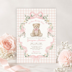 Zachte Roze Gingham Teddybeer Meisje Baby Shower Kaart