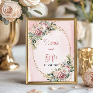 Zachte Roze Gouden Bloemen Groene Kaarten en Cadea Poster