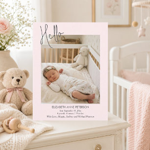 Zachte Roze Hallo Baby Foto Geboorteaankondiging Briefkaart