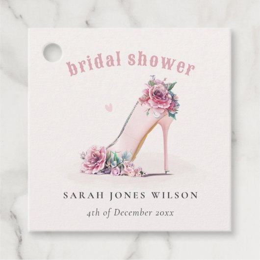 Zachte Roze Hoge Hakken Bloemige Bruidsdouche Bedankjes Labels (Voorkant)