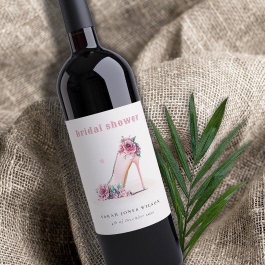 Zachte Roze Hoge Hakken Bloemrijke Bruidsdouche Wijn Etiket