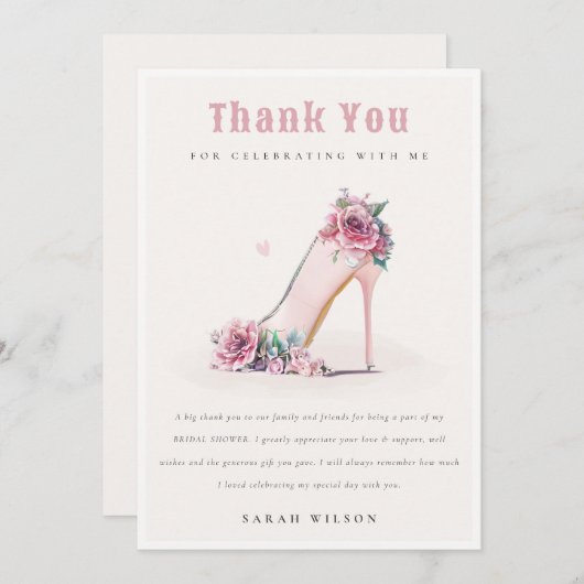 Zachte Roze Hoge Hakken Bloemrijke Bruidsuitvaart Bedankkaart (Voorkant / Achterkant)