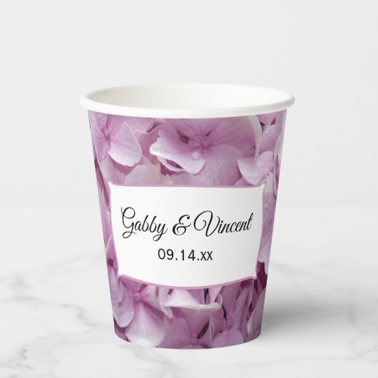 Zachte Roze Hortensia Huwelijkspapieren Bekers (Voorkant)