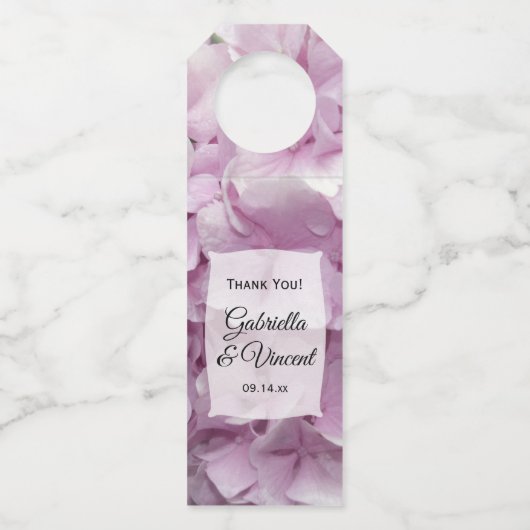 Zachte Roze hydrangea Flowers Weddenschap Flessenhanger (Voorkant)