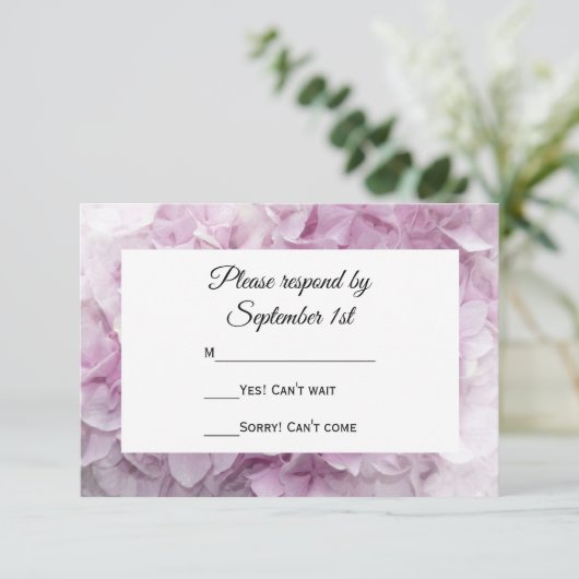 Zachte Roze hydrangea Wedding RSVP Response Kaart (Staand voorkant)