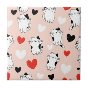 Zachte Roze Kawaii Katten & Harten Patroon (1) Tegeltje