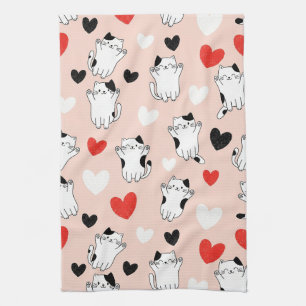 Zachte Roze Kawaii Katten & Harten Patroon (1) Theedoek