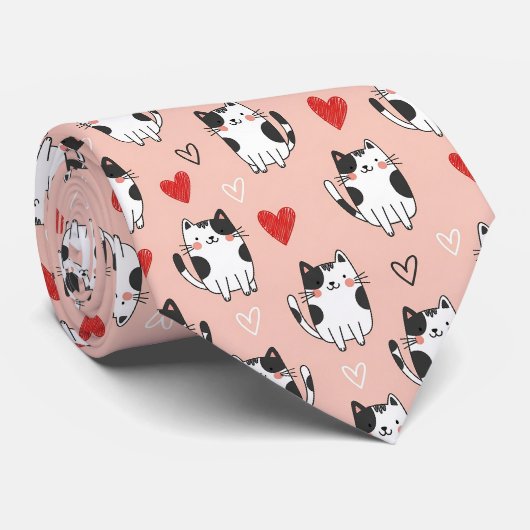 Zachte Roze Kawaii Katten & Harten Patroon (3) Stropdas (Opgerold)