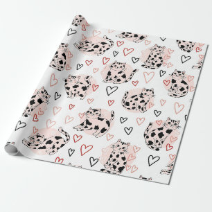 Zachte Roze Kawaii Katten & Harten Patroon (4) Cadeaupapier