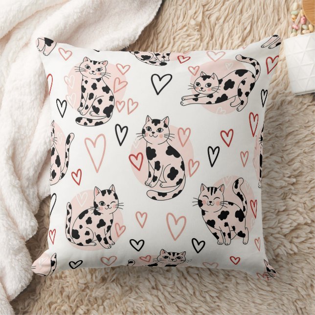 Zachte Roze Kawaii Katten & Harten Patroon (4) Kussen (Deken)