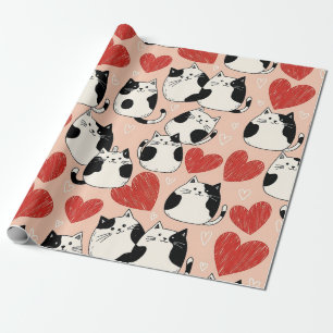 Zachte Roze Kawaii Katten & Harten Patroon (6) Cadeaupapier