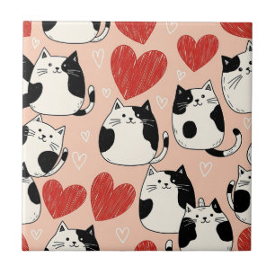 Zachte Roze Kawaii Katten & Harten Patroon (6) Tegeltje