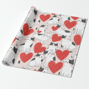 Zachte Roze Kawaii Katten & Harten Patroon (7) Cadeaupapier