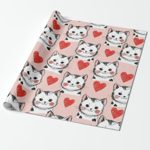 Zachte Roze Kawaii Katten & Harten Patroon (8) Cadeaupapier