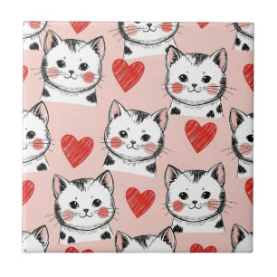 Zachte Roze Kawaii Katten & Harten Patroon (8) Tegeltje