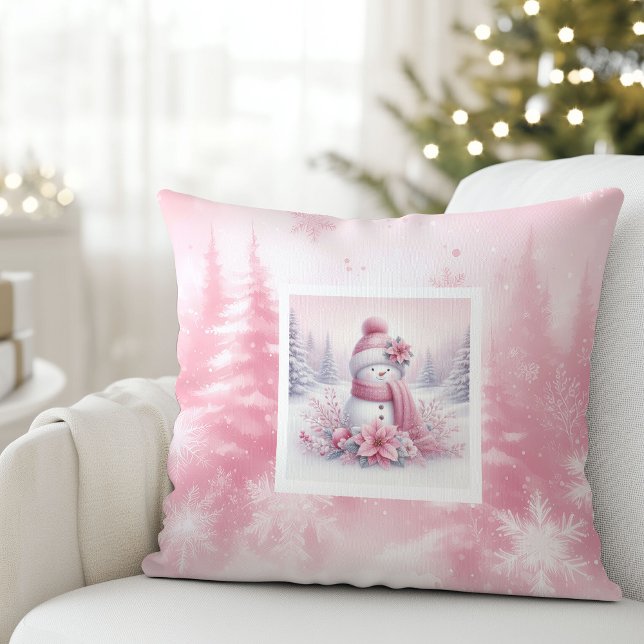 Zachte Roze Kerstmis Bos Sneeuwman Kussen (Soft Pinkmas Christmas Forest Snowman Pillow)