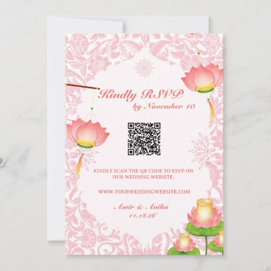 Zachte Roze Lotus Lantaarns Indiase bruiloft RSVP Kaart (Voorkant)