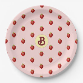 Zachte Roze Monogram met Aardbei Motief Papieren Bordje