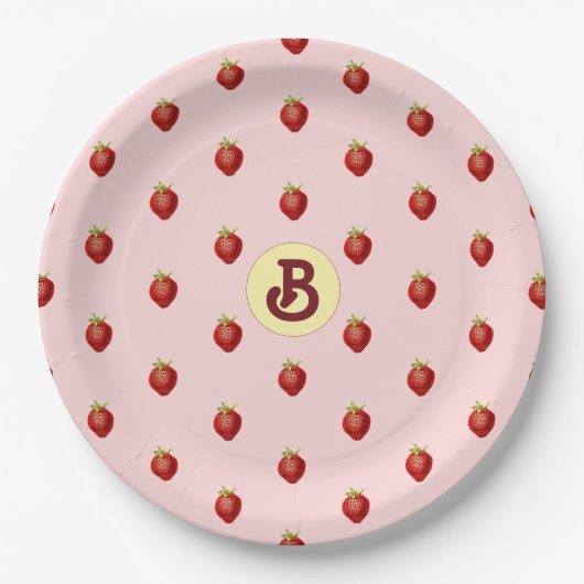 Zachte Roze Monogram met Aardbei Motief Papieren Bordje (Voorkant)