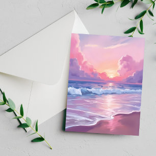 Zachte Roze Oceaangolven Pastel Zon Waterverfkaart